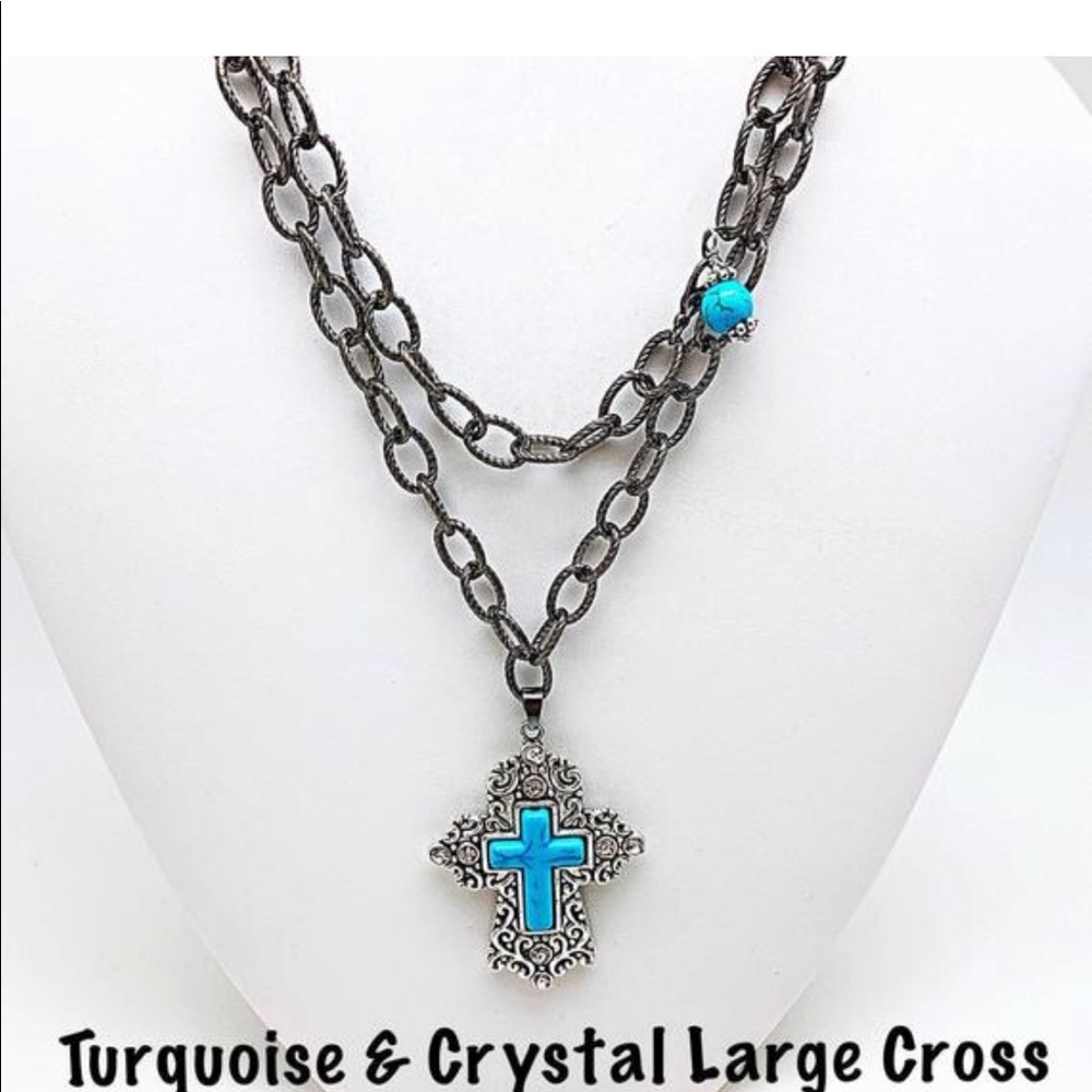 NEW Large Cross Turquoise & Crystal Gunmetal Chain